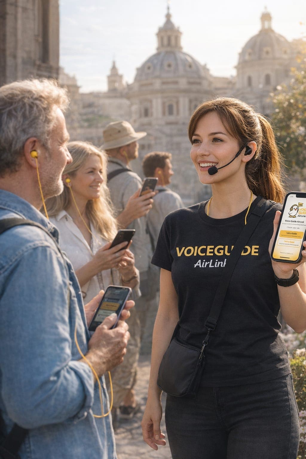 Guida turistica con smartphone e gruppo di visitatori