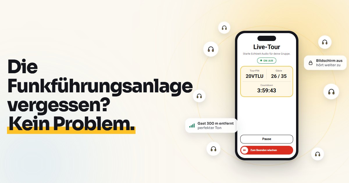 Der Live-Tour-Bildschirm der App VoiceGuide AirLink auf Sendung, mit verbundenen Gästen