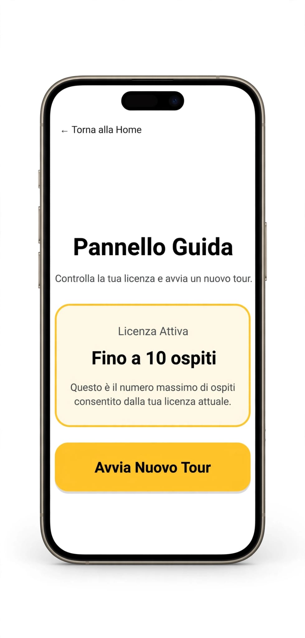 Schermata Pannello Guida con la licenza attiva e il pulsante Avvia Nuovo Tour